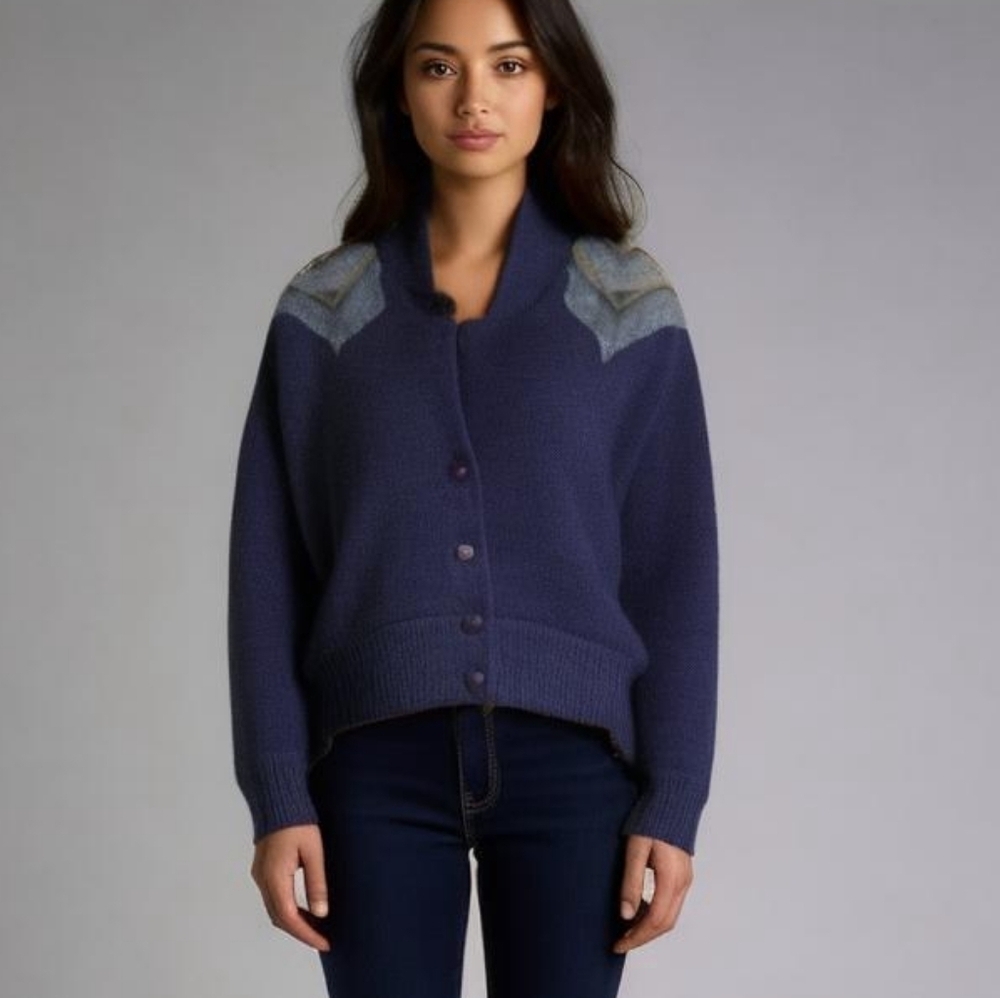 VINTAGE Navy Mohair Embellished Fuzzy Oversized Western Rodeo Cardigan Small